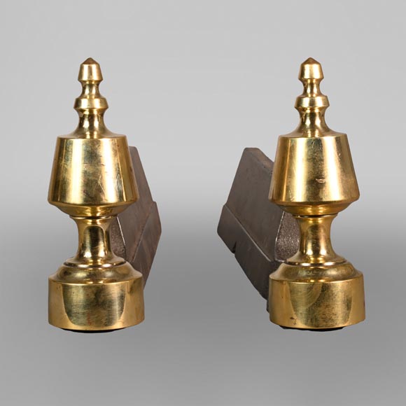 Pair of cast iron and polished bronze andirons-0