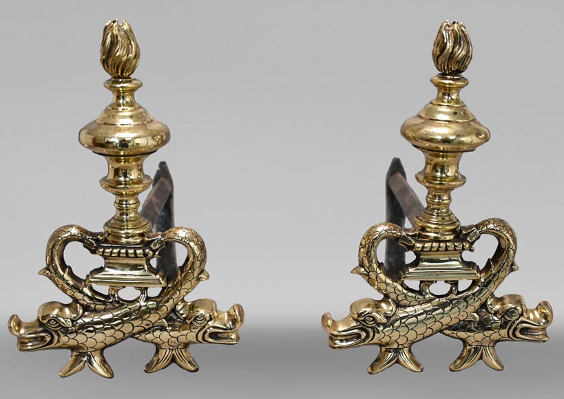 Pair of ormolu fish andirons-0