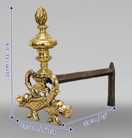 Pair of ormolu fish andirons-7