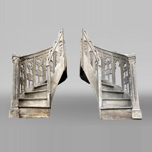 Pair of Neo-Gothic Church Pulpit Staircases in Carved Oak