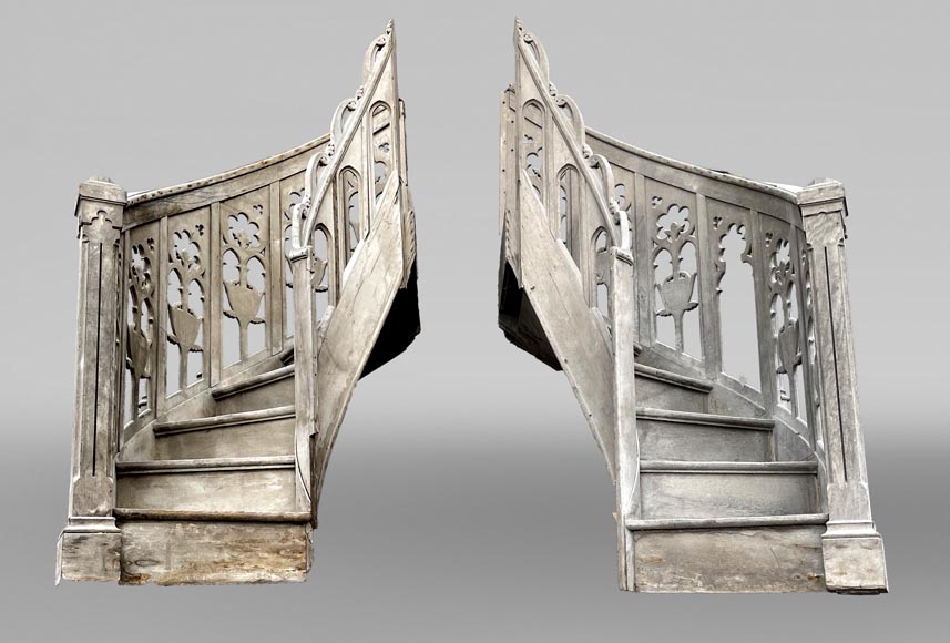 Pair of Neo-Gothic Church Pulpit Staircases in Carved Oak Pair of Neo-Gothic Church Pulpit Staircases in Carved Oak-0