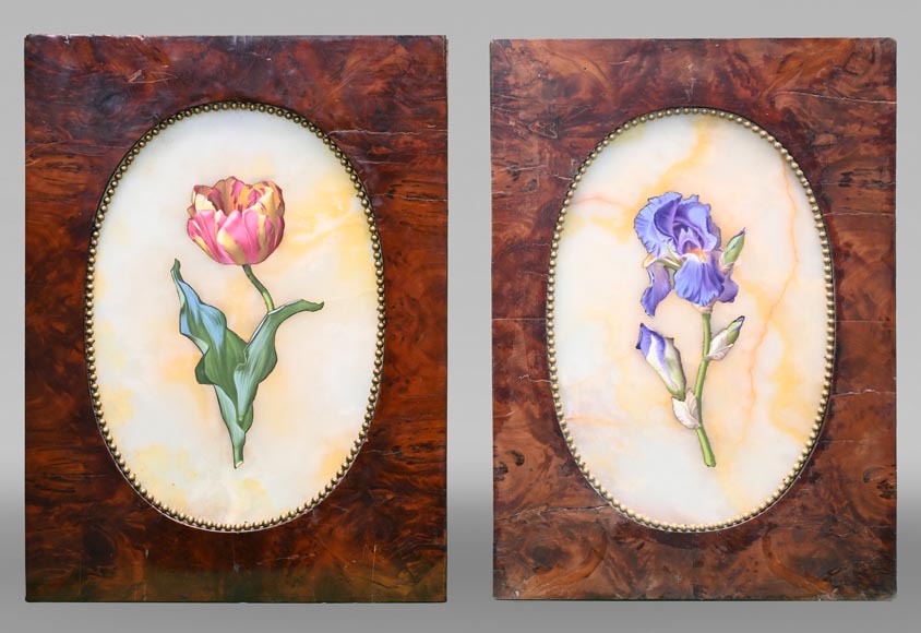 Julien Nicolas RIVART, Two Alabaster Panels Inlaid with a Tulip and an Iris in Porcelain, after 1849-0