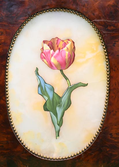 Julien Nicolas RIVART, Two Alabaster Panels Inlaid with a Tulip and an Iris in Porcelain, after 1849-1