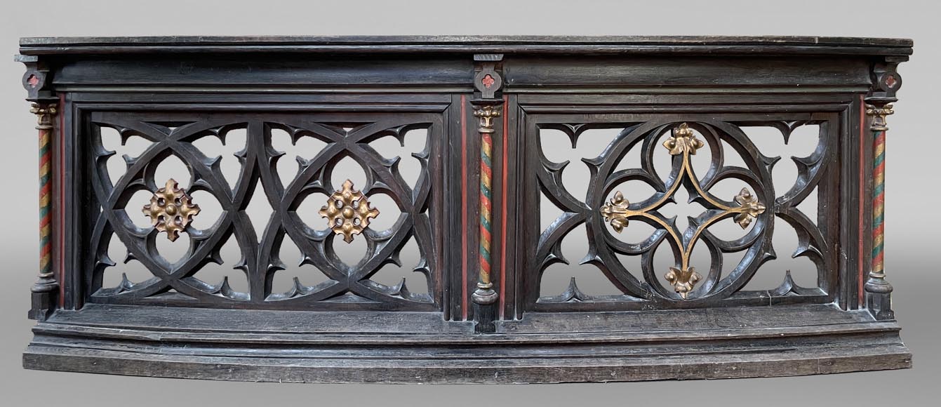 Neo-Gothic Balustrade Element in Gilded and Polychrome Wood, 19th century-0