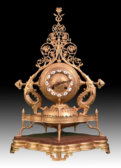 Victor GEOFFROY-DECHAUME (model), Auguste-Maximilien DELAFONTAINE (bronze caster), “Persian” Gilt Bronze Clock Set, circa 1852-1