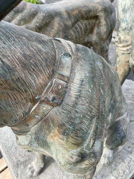 Hunter and his two dogs, bronze park statue with green patina-12