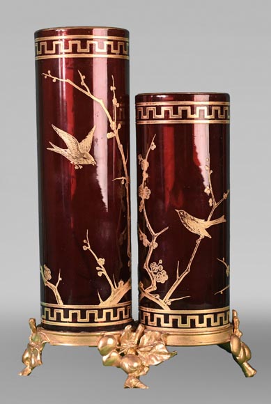 BACCARAT, Pair of Double Vases with Japanese-Style Decoration, circa 1880-1