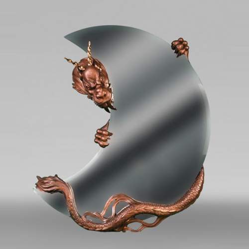 MARNYHAC House (attributed), Japanese-style crescent moon mirror decorated with a bronze dragon with a brown patina