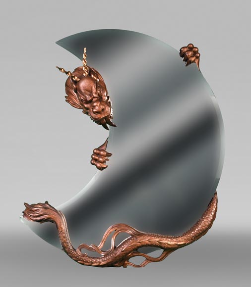 MARNYHAC House (attributed), Japanese-style crescent moon mirror decorated with a bronze dragon with a brown patina-0