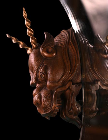 MARNYHAC House (attributed), Japanese-style crescent moon mirror decorated with a bronze dragon with a brown patina-3