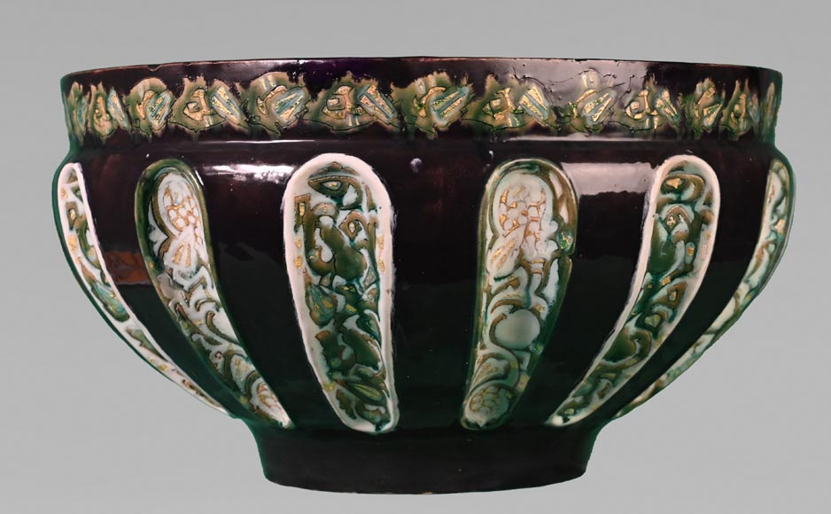 Émile GALLÉ, Earthenware vase with eggplant glaze and gold decoration, circa 1885-1889-1