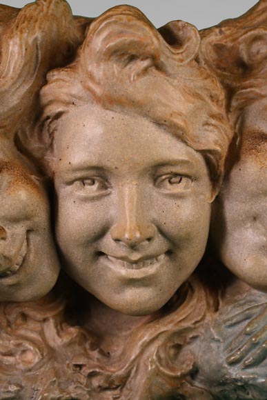 Georges ENGRAND and Émile MULLER, Planter with Three Faces of a Young Women and a Monkey, circa 1896-1