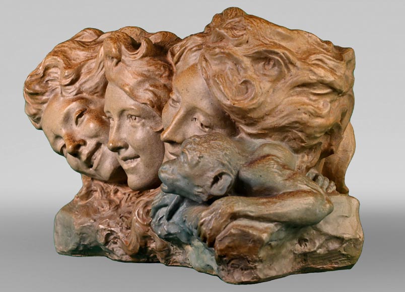 Georges ENGRAND and Émile MULLER, Planter with Three Faces of a Young Women and a Monkey, circa 1896-9