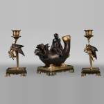 Ferdinand DUVINAGE (attributed to), Japanese-Style Set Consisting of an Inkwell and a Pair of Candlesticks, circa 1867-1874