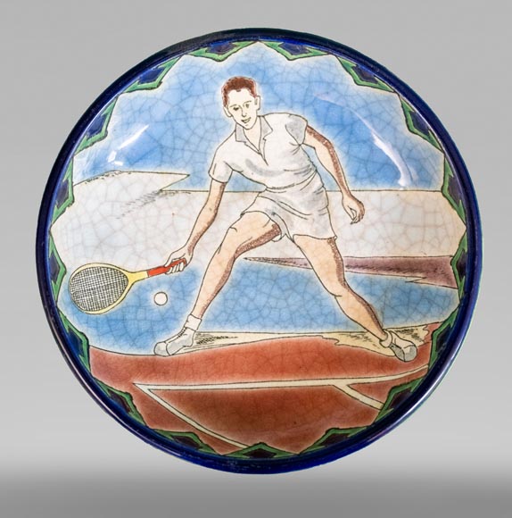 LONGWY Manufacture, Earthenware dish decorated with a tennis player-0