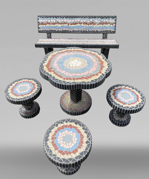  Garden furniture set with a table, three stools and a bench decorated with polychrome ceramic tiles, 1980s-1