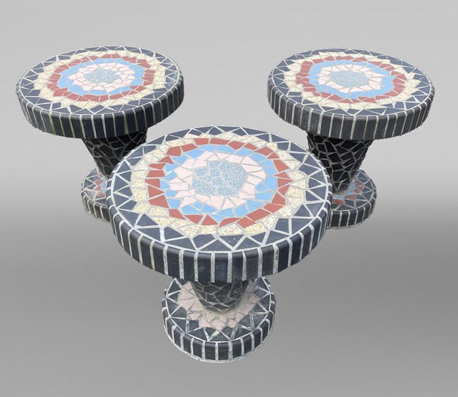  Garden furniture set with a table, three stools and a bench decorated with polychrome ceramic tiles, 1980s-2