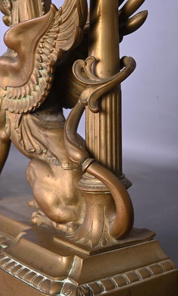 Pair of Egyptian-style gilt-bronze firedogs with confronting griffins-9