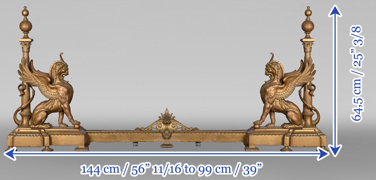 Pair of Egyptian-style gilt-bronze firedogs with confronting griffins-11