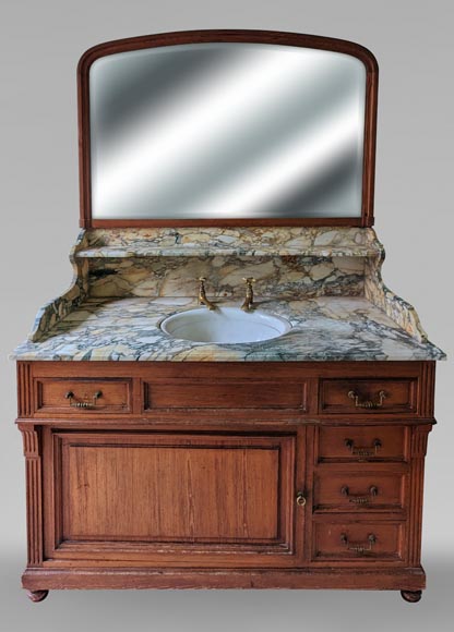 Large barber's washbasin in oak and Breche de Médoue marble-0