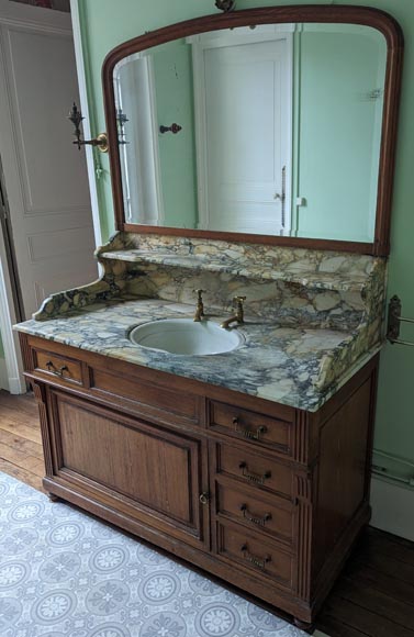 Large barber's washbasin in oak and Breche de Médoue marble-2