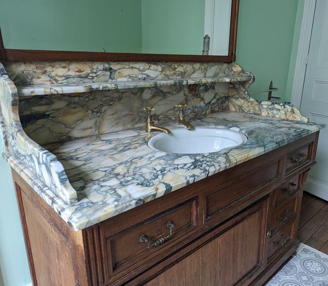 Large barber's washbasin in oak and Breche de Médoue marble-5