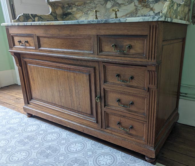 Large barber's washbasin in oak and Breche de Médoue marble-10