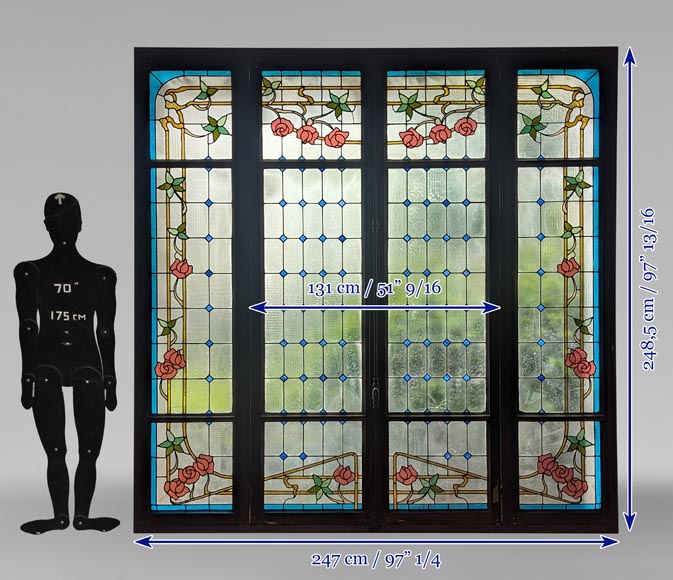 Large Napoleon III stained glass window with rose decorations-12