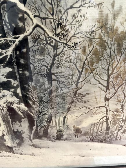 aponesque frame in carved wood and mother-of-pearl marquetry, decorated with a bronze dragon, with its silk painting depicting a winter landscape-6