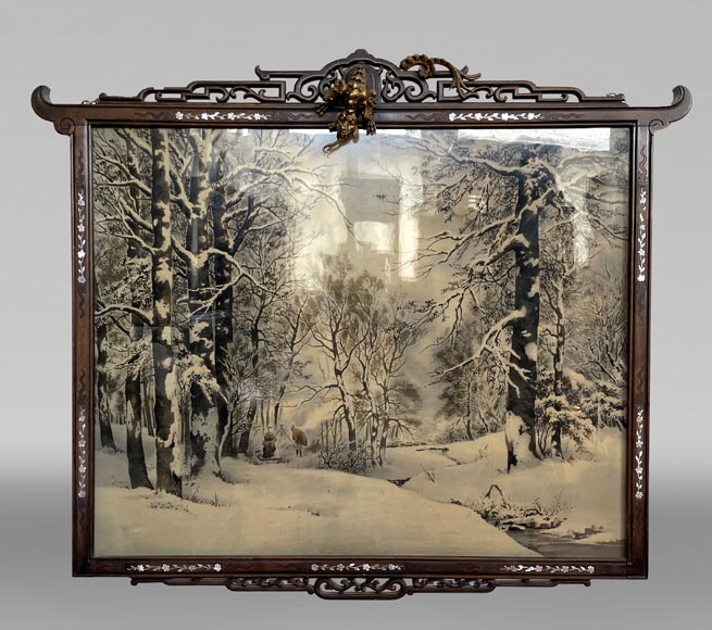 japonesque frame in carved wood and mother-of-pearl marquetry, decorated with a bronze dragon, with its silk painting depicting a winter landscape-0