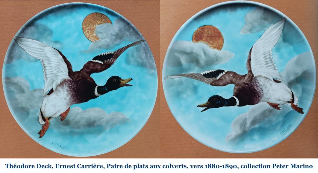 Théodore DECK, Large Dish With A Mallard Flying In A Golden Sky, late 19th century-9