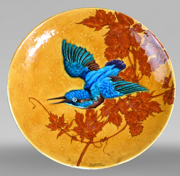 O. Milon, Émile Diffloth, Ornamental Dish with Hummingbird, late 19th century-0