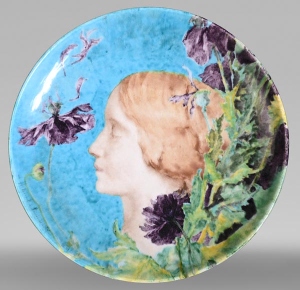 Théodore DECK, Ornamental Dish With a Sleeping Female Profile Among Flowers, second half of the 19th century-0