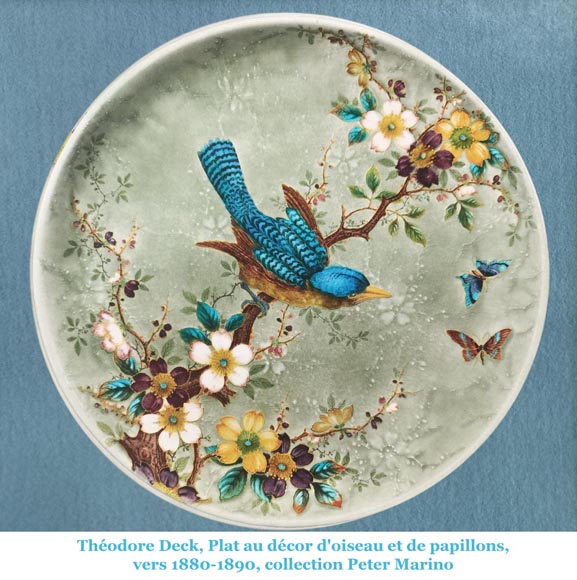 Théodore DECK, Dish decorated with iridescent bird and insects, circa 1880-1900-12