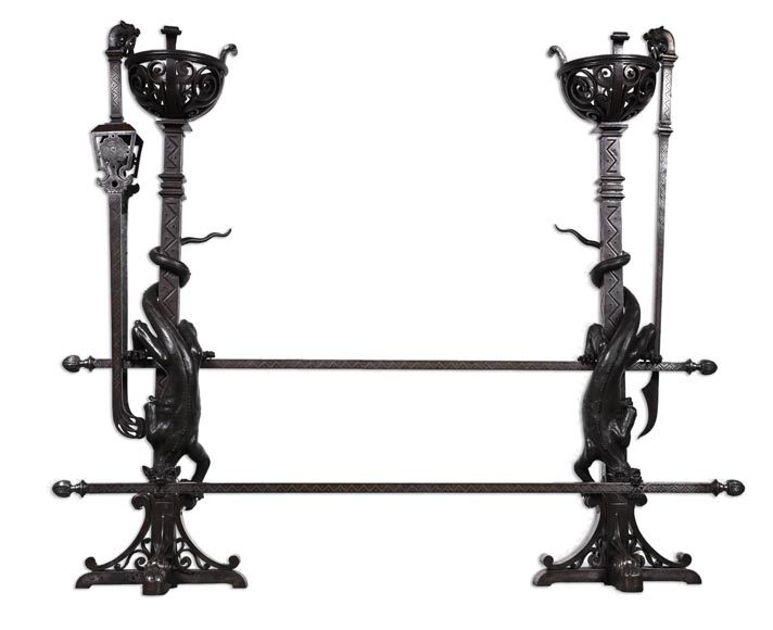 Eugène PIAT (in the spirit of), Exceptional Pair of Neo-Gothic Andirons with Dragons, second half of the 19th century-0