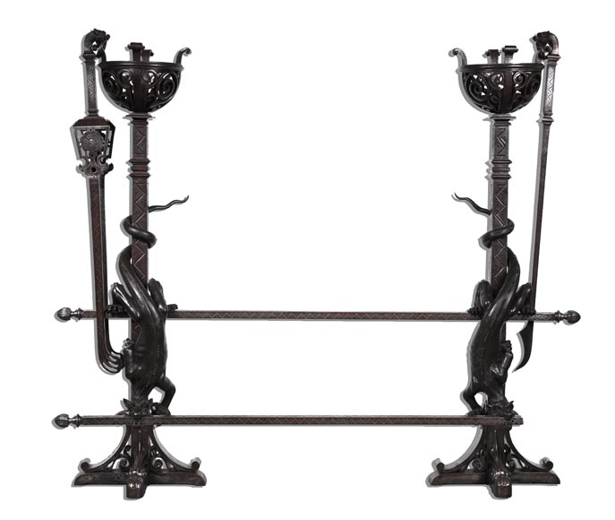 Eugène PIAT (in the spirit of), Exceptional Pair of Neo-Gothic Andirons with Dragons, second half of the 19th century-1