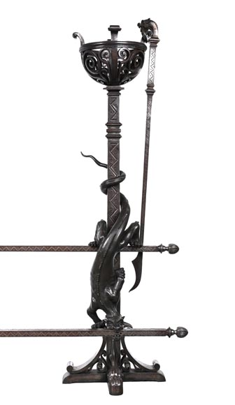 Eugène PIAT (in the spirit of), Exceptional Pair of Neo-Gothic Andirons with Dragons, second half of the 19th century-2