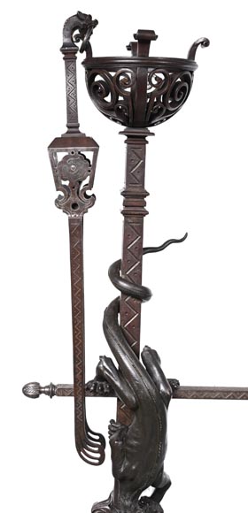 Eugène PIAT (in the spirit of), Exceptional Pair of Neo-Gothic Andirons with Dragons, second half of the 19th century-3