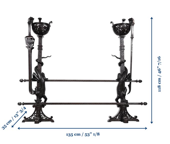 Eugène PIAT (in the spirit of), Exceptional Pair of Neo-Gothic Andirons with Dragons, second half of the 19th century-21