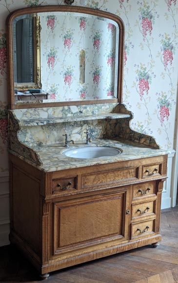 Small barber's washbasin in oak and Breche de Médoue marble-2