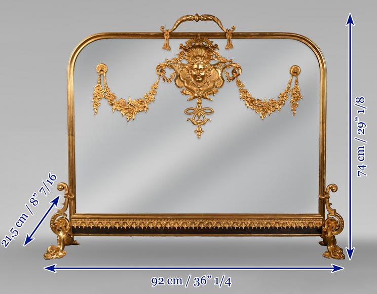 Napoleon III style fireback with woman's mask and garland of flowers in gilded bronze and glass.-11