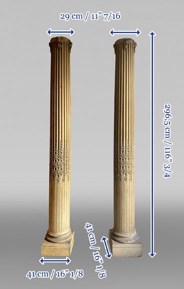 Pair of columns with oak leaves in carved wood and stucco, late 19th century-8