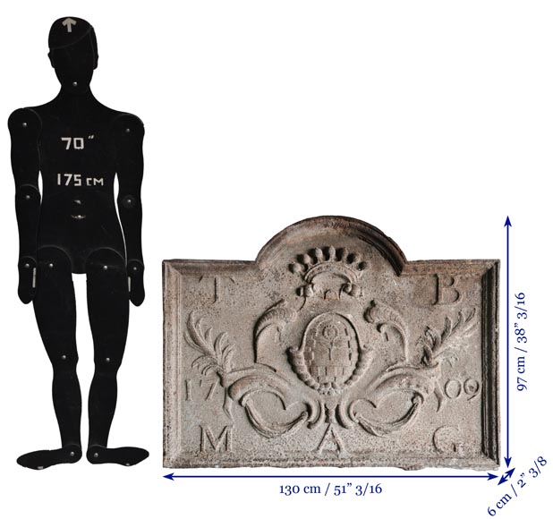 Important Cast Iron Fireback with a Sunflower, Dated 1709-11