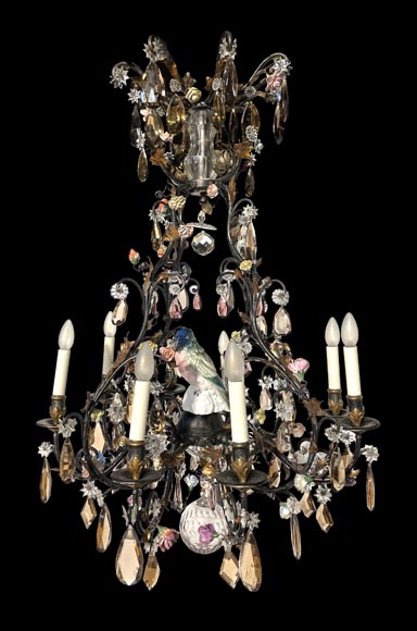Patinated brass chandelier decorated with flowers and a polychrome porcelain parakeet-0