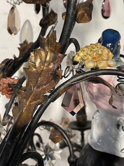 Patinated brass chandelier decorated with flowers and a polychrome porcelain parakeet-4