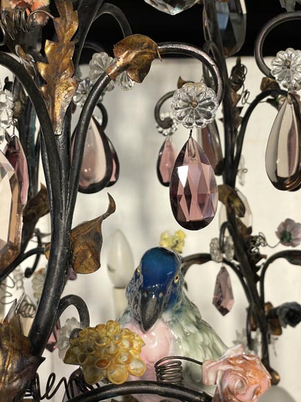 Patinated brass chandelier decorated with flowers and a polychrome porcelain parakeet-5