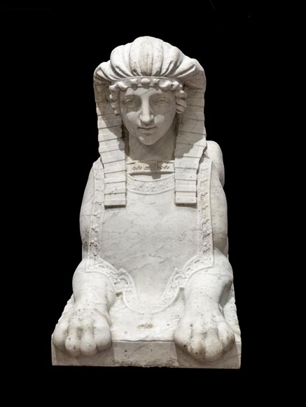 Pair of carved Carrara marble sphinxes-1