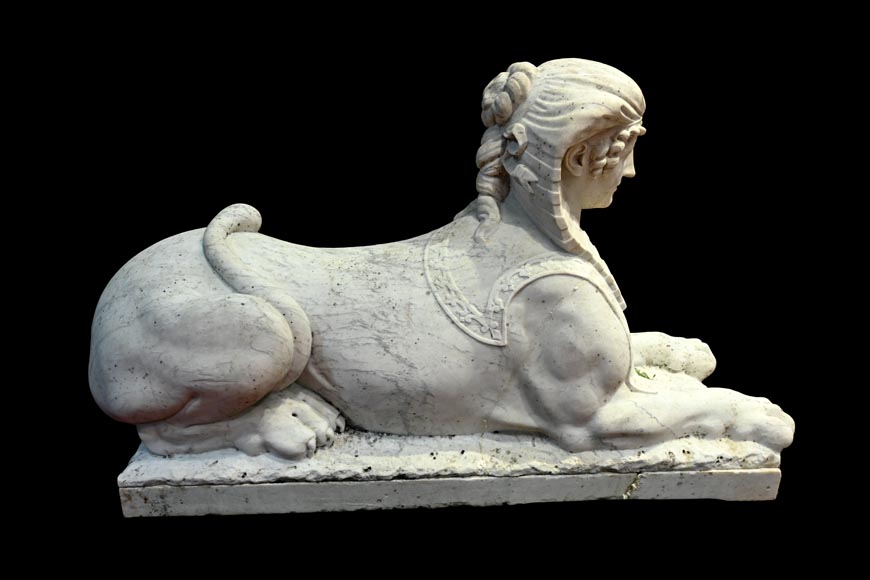 Pair of carved Carrara marble sphinxes-3