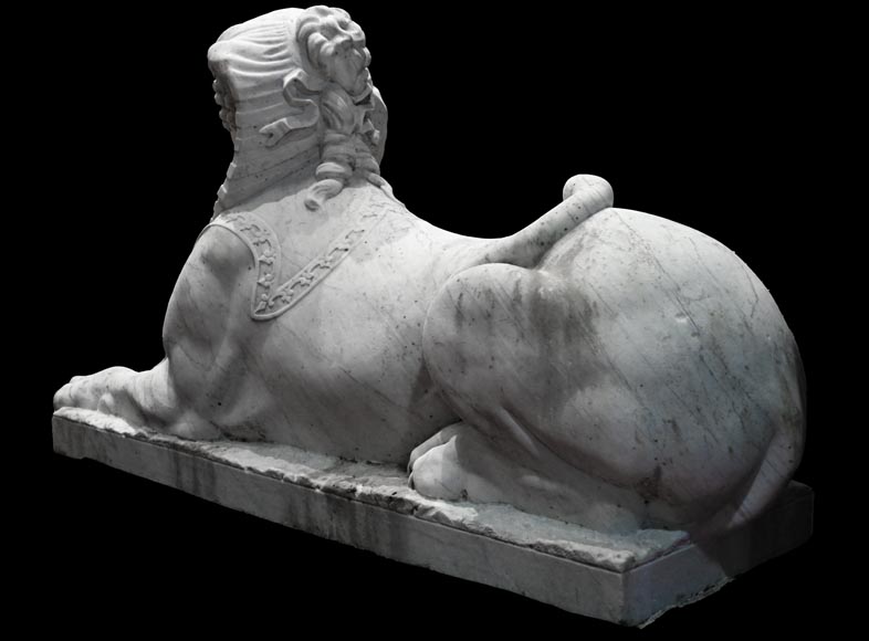 Pair of carved Carrara marble sphinxes-4