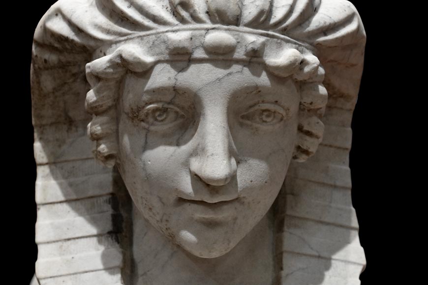 Pair of carved Carrara marble sphinxes-5